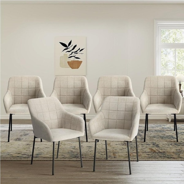 Oikiture 6x Dining Chairs Kitchen Accent Armchairs Linen Fabric Beige
