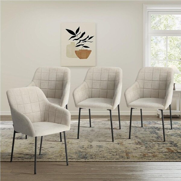 Oikiture 4x Dining Chairs Kitchen Accent Armchairs Linen Fabric Beige