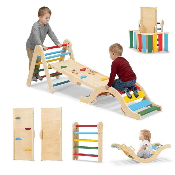 PlayPals 6-In-1 Pikler Triangle Set Kids Wood Climb Play Set Toddler Climbing Set