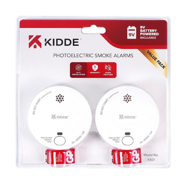 Kidde K501 Smoke Alarm 2 Pack - Photoelectric, 9V Battery, Easy Install, 5-Year Warranty