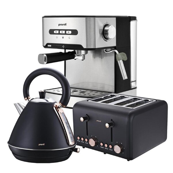 Pronti Toaster, Kettle & Coffee Machine Breakfast Set - Black