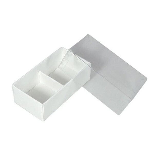 White Card Gift Box 100 Pack - 2 Bay Compartments - 8x4x3cm with Clear Lid