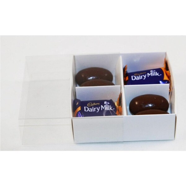 White Card Gift Box 100 Pack - 4 Bay Compartments - 8x8x3cm with Clear Lid