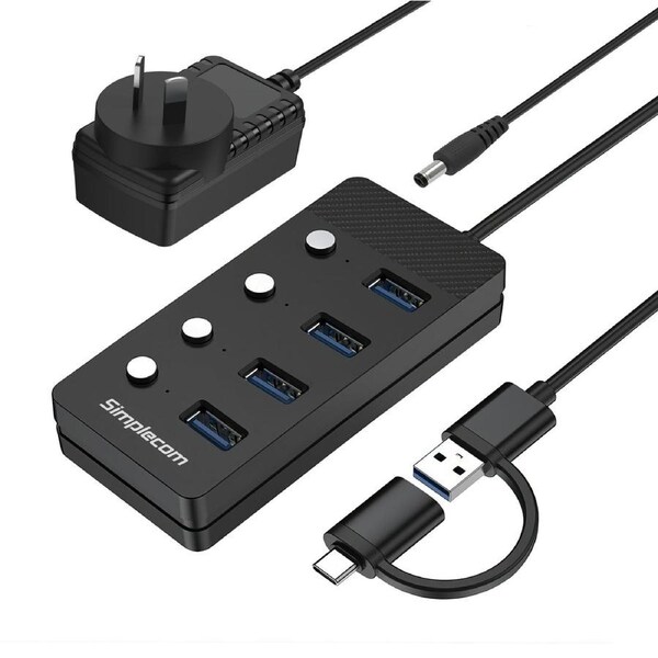 Simplecom CH345C SuperSpeed USB-A and USB-C to 4-Port USB 3.0 Hub 5Gbps Individual Switches and Power Adapter