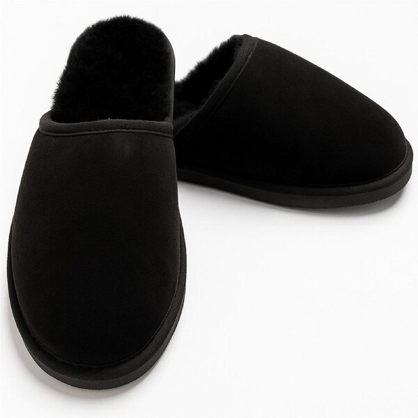 Sheepskin Wool Mens Slippers Scuffs Slip On Winter Ugg Slippers in Black - 8