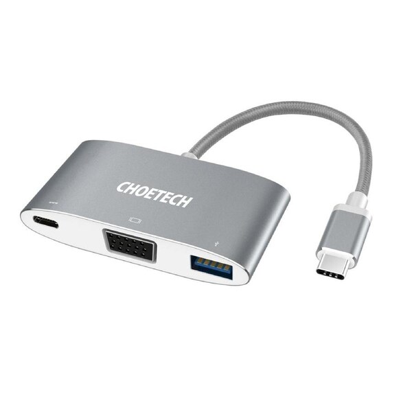 CHOETECH 3-in-1 USB-C to VGA & USB Multiport Adapter, 1080p, Compact Design