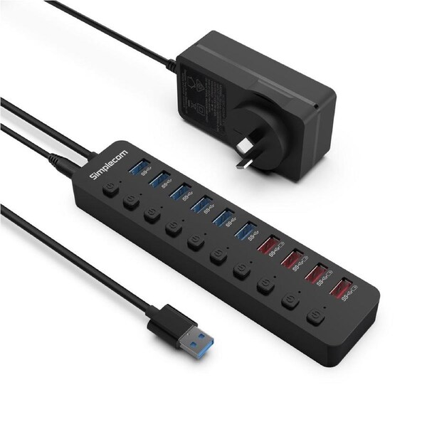 Simplecom 10-Port USB 3.0 Hub & Charger, 48W, Individual Switches, BC 1.2 Fast Charging