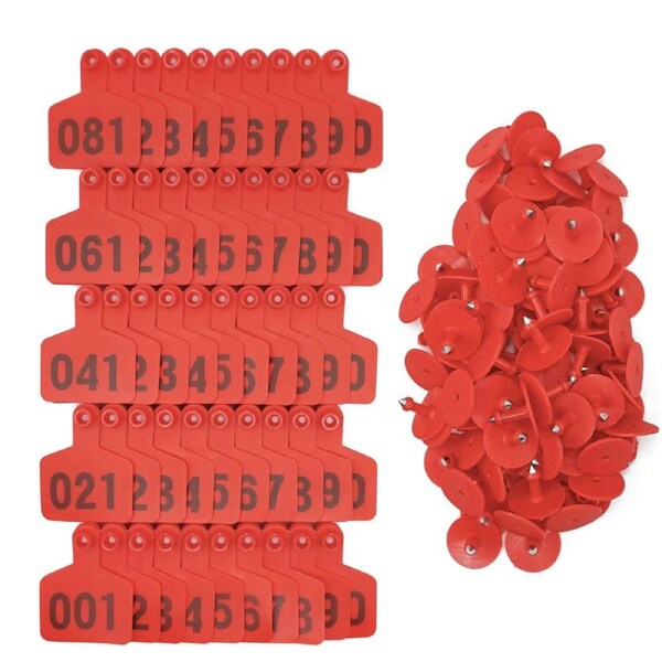 Medium Red Cattle Ear Tags 1-100 Set 6x7cm for Livestock Identification