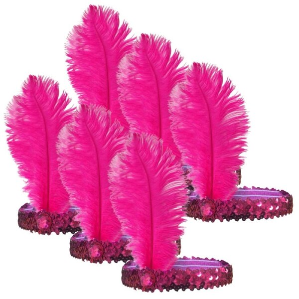 6x 1920s FLAPPER HEADBAND Headpiece Feather Sequin Charleston Costume Party BULK - Hot Pink