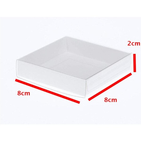 50 Pack of 8cm Square Wedding Invitation Coaster Favor Function product Presentation Cookie Biscuit Patisserie Gift Box - 2cm deep - White Card with Clear Slide On PVC Lid