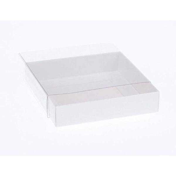 50 Pack of 15cm Square Invitation Coaster Favor Function product Presentation Cookie Biscuit Patisserie Gift Box - 4cm deep - White Card with Clear Slide On PVC Lid