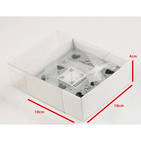 50 Pack of 10cm Square Invitation Coaster Favor Function product Presentation Cookie Biscuit Patisserie Gift Box - 4cm deep - White Card with Clear Slide On PVC Lid
