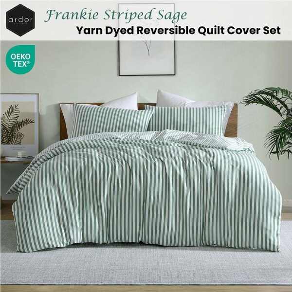 Ardor Frankie Sage Stripe Yarn Dyed Reversible Quilt Cover Set King