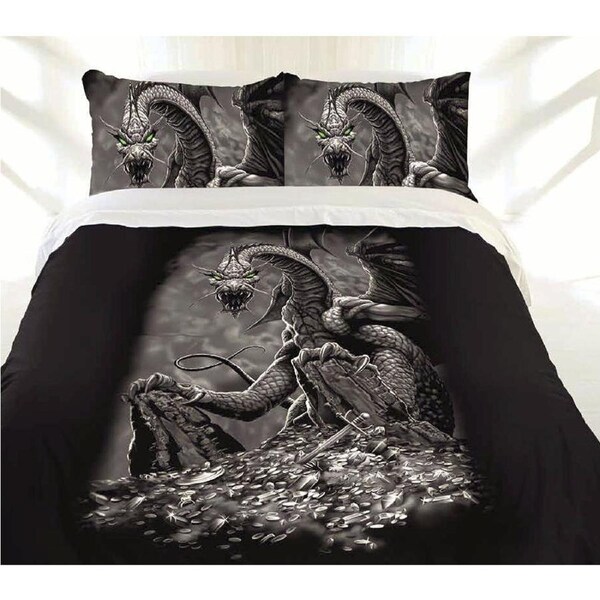 Just Home Green Eyed Dragon Quilt Cover Set Queen - Gothic Dragon Print Design
