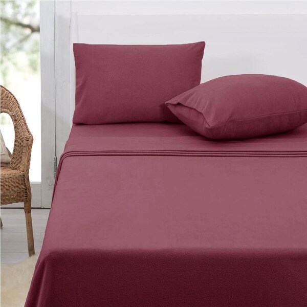 Polar Fleece Sheet Set Queen 36cm Wall - Rosewood, Lightweight, Solid Colour