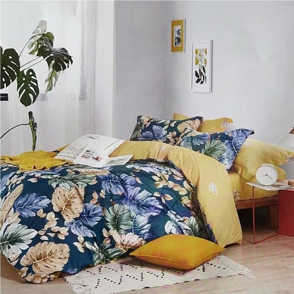 Botanical House 100% Cotton Reversible Quilt Cover Set Queen - Botanical Print Design