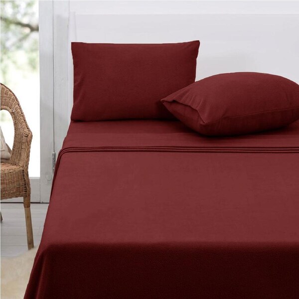 Polar Fleece Sheet Set Double 30cm Wall Burgundy - Soft Polyester, Machine Washable