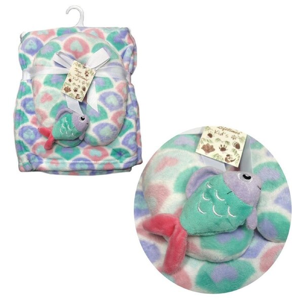 Baby Animal Coral Fleece Blanket + Pillow Set - 75 x 100 cm, Fish Design