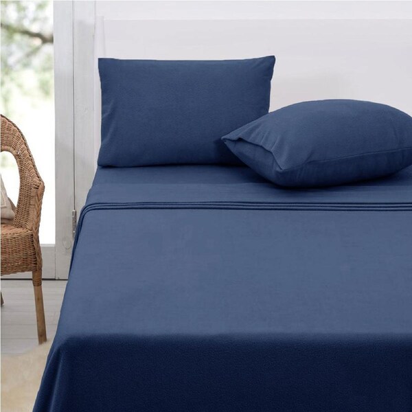 Polar Fleece Sheet Set Queen 36cm Wall - Midnight Blue, Solid Colour, 150gsm