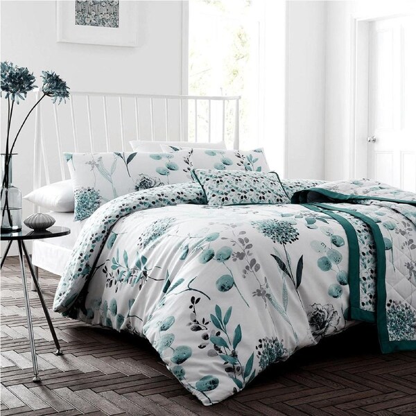 Ink Floral Teal Quilt Cover Set Queen - Floral Print, Cotton Rich, Breathable