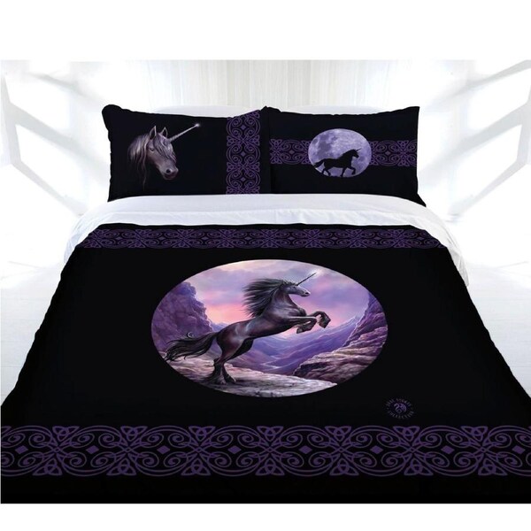 Anne Stokes Black Unicorn Quilt Cover Set Queen - Fantasy Design, 210x210 cm