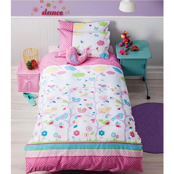 Cubby House Reversible Birdie Tree Quilt Cover Set Single - Birds Print, Easy Care