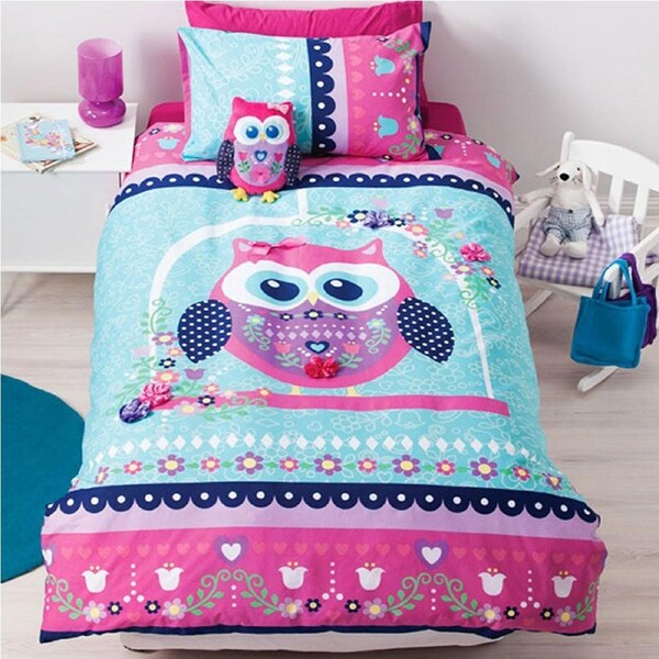 Cubby House Kids Reversible Pretty Owl Quilt Cover Set Single - 180 Thread Count