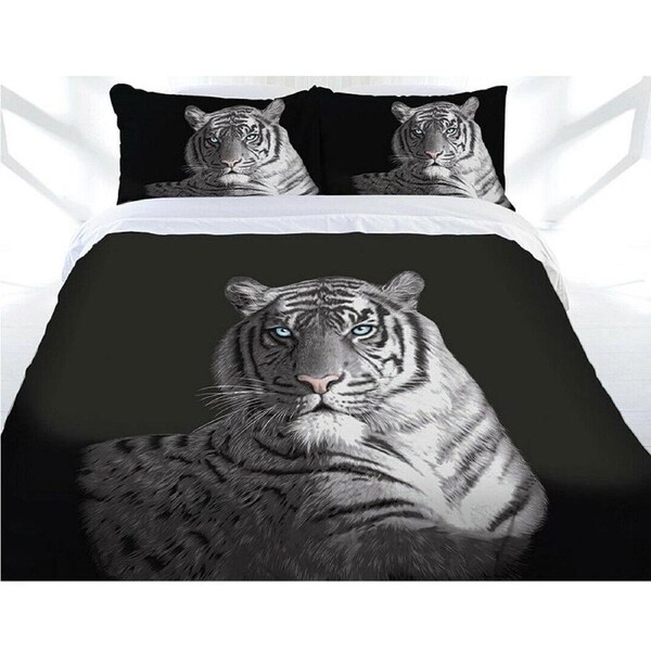Just Home Tiger Print Black Blue Eyes Quilt Cover Set Queen - 210 x 210 cm