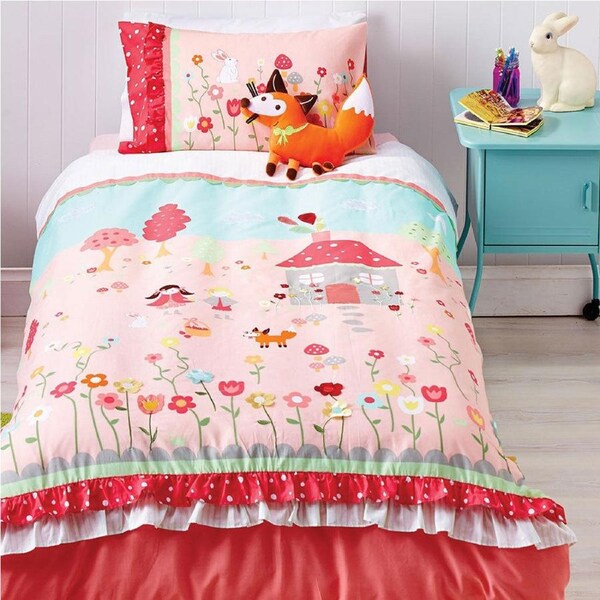 Cubby House Reversible Storybook Quilt Cover Set Double - Embroidery, Satin Applique