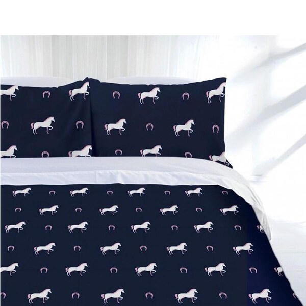Just Home Horse Shoe Quilt Cover Set Single - Horseshoe Print Design, Navy/Pink