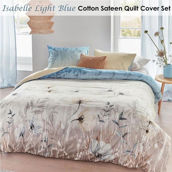 Bedding House Isabelle Light Blue Cotton Sateen Quilt Cover Set King - Floral Print, 220 TC