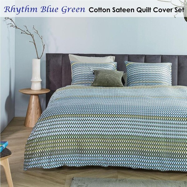 Bedding House Rhythm Blue Green Cotton Sateen Quilt Cover Set King - Geometric Print, 220 TC