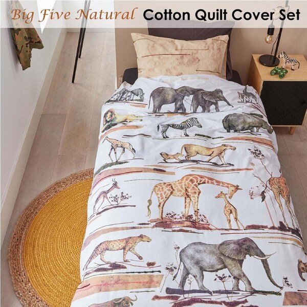 Bedding House Big Five Natural Cotton Quilt Cover Set Single - Animal Print, 100% Cotton