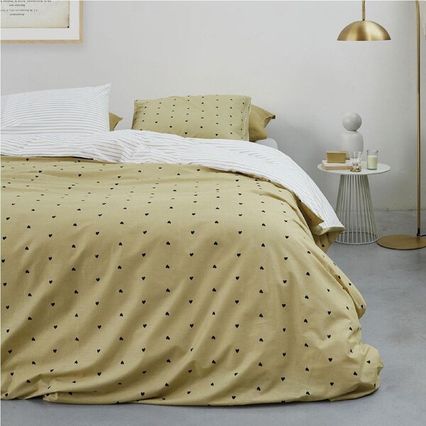 VTWonen Striped Hearts Yellow Cotton Quilt Cover Set King - Reversible Design
