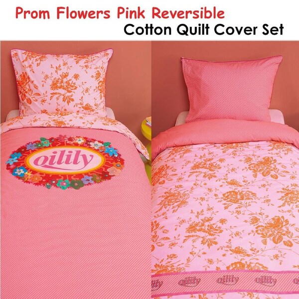 Oilily Pink Cotton Quilt Cover Set Single - Reversible Floral Design, 144 TC