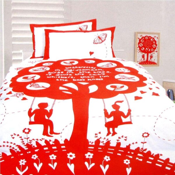 Happy Kids The Bees Knees Red Quilt Cover Set Double - Tree Print Design