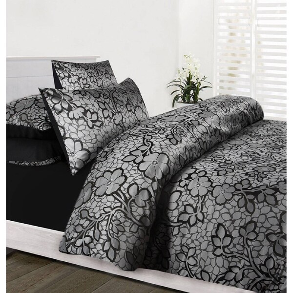 EMMA Quilt Cover Set Black Double - Jacquard Satin Polyester, Soft Feel, Machine Washable