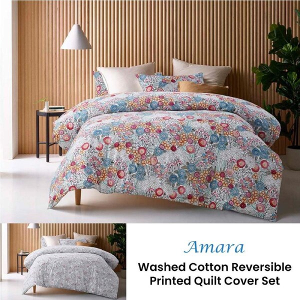 Accessorize Amara Washed Cotton Printed Reversible Quilt Cover Set King - Floral Design, 100% Cotton