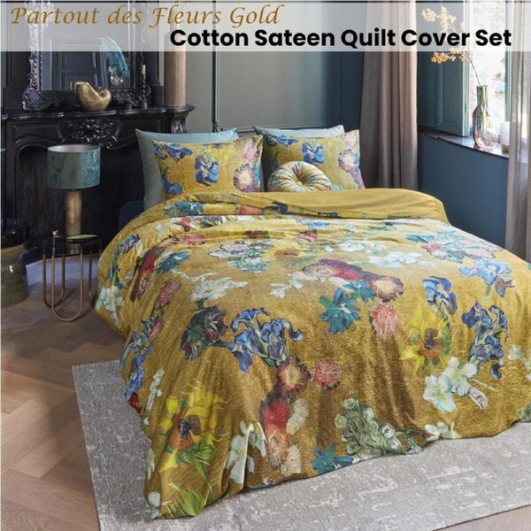 Bedding House Van Gogh Floral Quilt Cover Set King - Gold Cotton Sateen