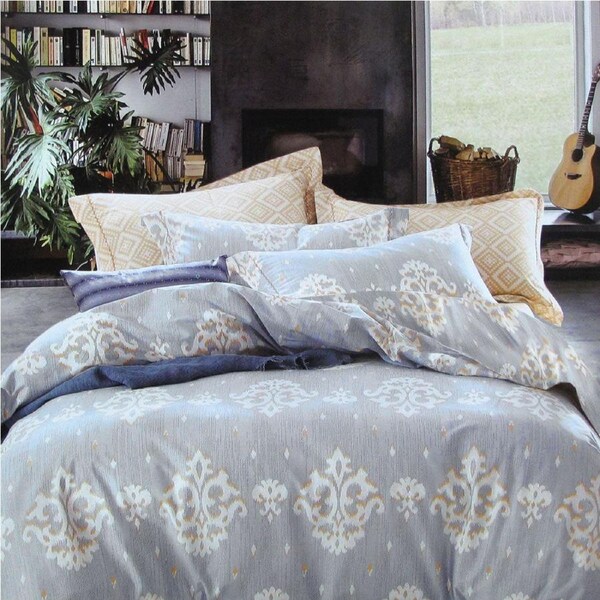 Royal Damask Cotton Quilt Cover Set Queen - 250TC, Grey, White, Peach