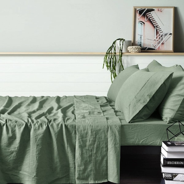 Vintage Design Homewares 100% Linen Sage Sheet Set - Single, Solid Colour Tone