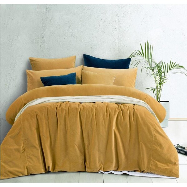 Gold Harmony Cotton Velvet Quilt Cover Set - King Size, Solid Colour Tone