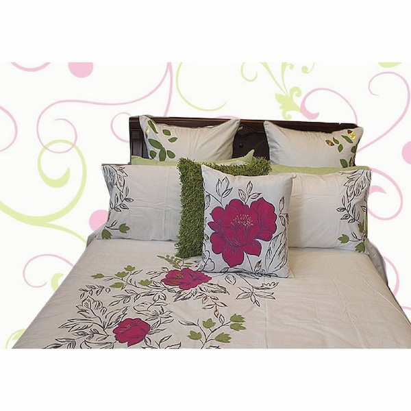 Monique Embroidery Quilt Cover Set Double - Tropical Floral Design, 2 Pillowcases