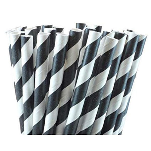 1000 Bulk Black White Striped Biodegradable Paper Drinking Straws - Eco-Friendly