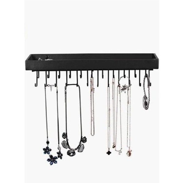 Wall Mount Jewellery Organizer with 23 Hooks, Top Shelf, 37x7x10 cm, Black