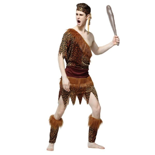 Men's Caveman Costume - Jumpsuit, Headband & Leg Wraps, Size 175-188cm