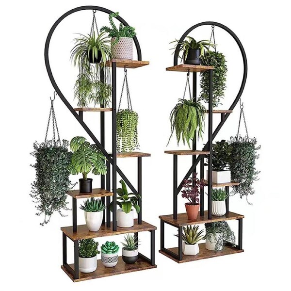 6 Tier Corner Plant Stand - Heart-Shaped Metal & MDF Ladder Shelf Rack, 20x15x25 cm