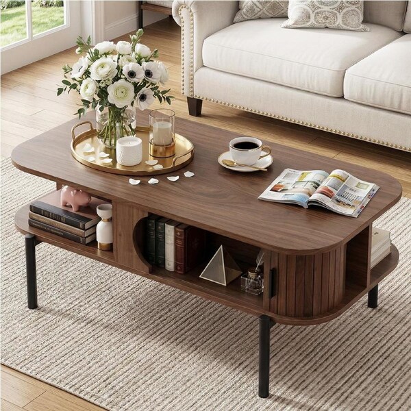 100CM Artiss Coffee Table Side End Table Storage Shelf Cabinet Fluted Walnut
