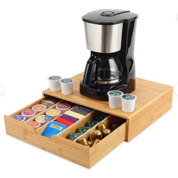 Bamboo K-Cup Holder 35.5x30.5x7.6cm with Adjustable Drawer & 4 Dividers