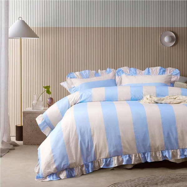Vintage Design Candy Ruffle Blue Striped Quilt Cover Set - Super King